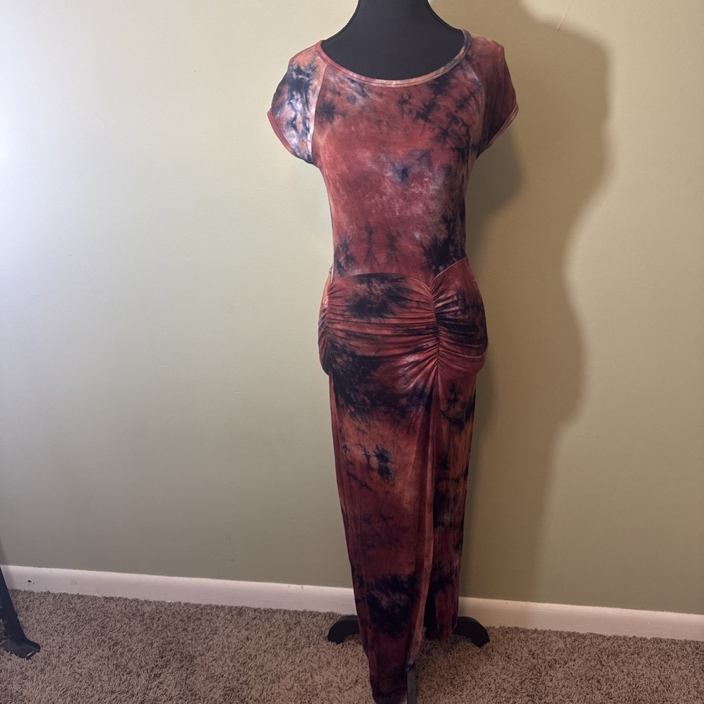 Tie Dye Maxi Dress Side Slit Stretch Rust Blue Sexy Ruched Butt Hip Small